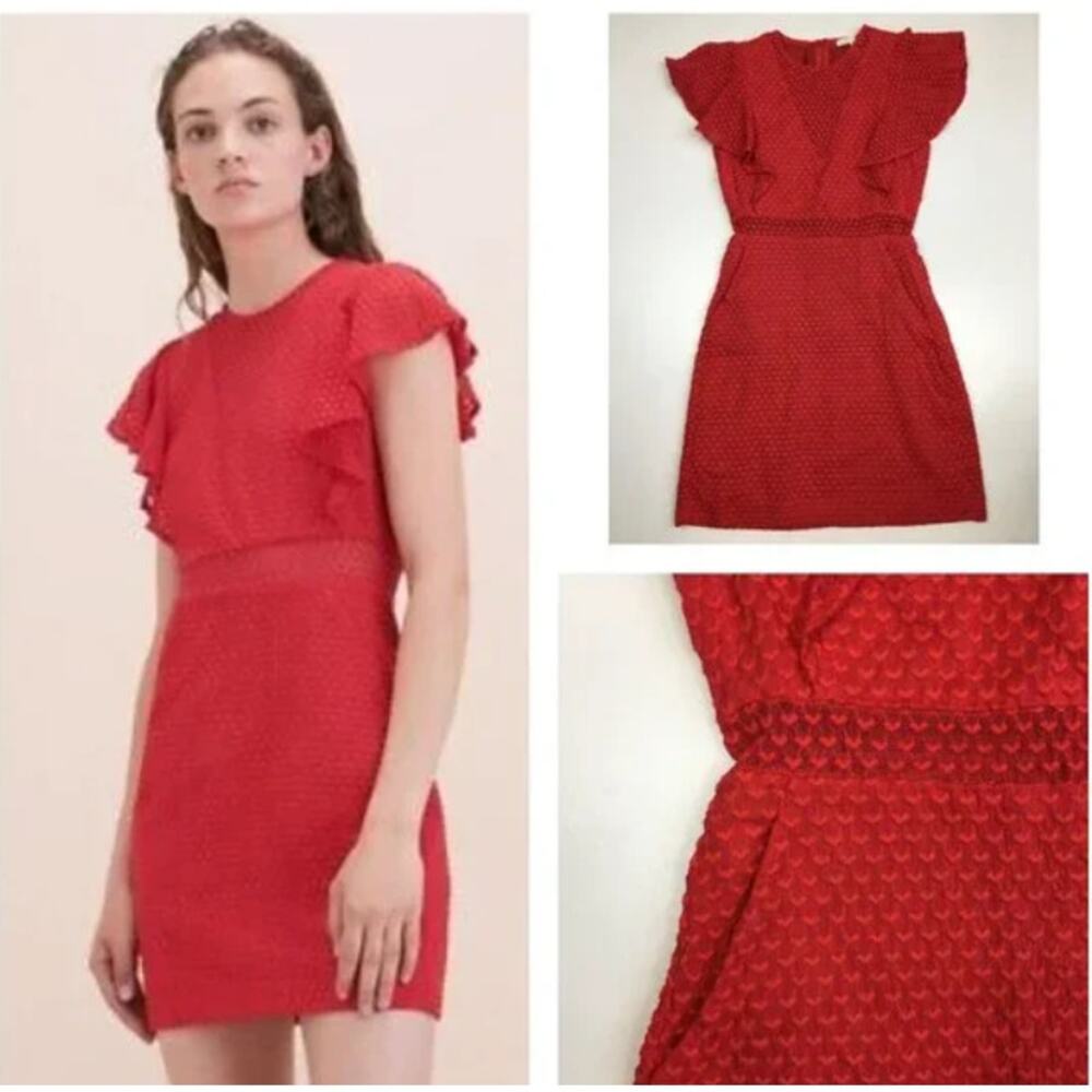 MAJE Paris‎ Red Textured Lace Mini Dress Flutter Sleeve Illusion Panel US 8-10